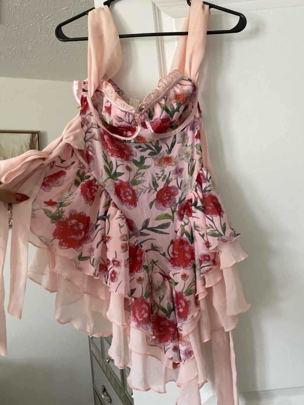 Pink Floral Ruffled Chiffon Dress